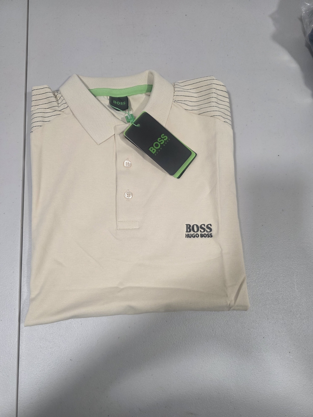 Boss Cream Polo Shirt with Black Logo and Lime Accent